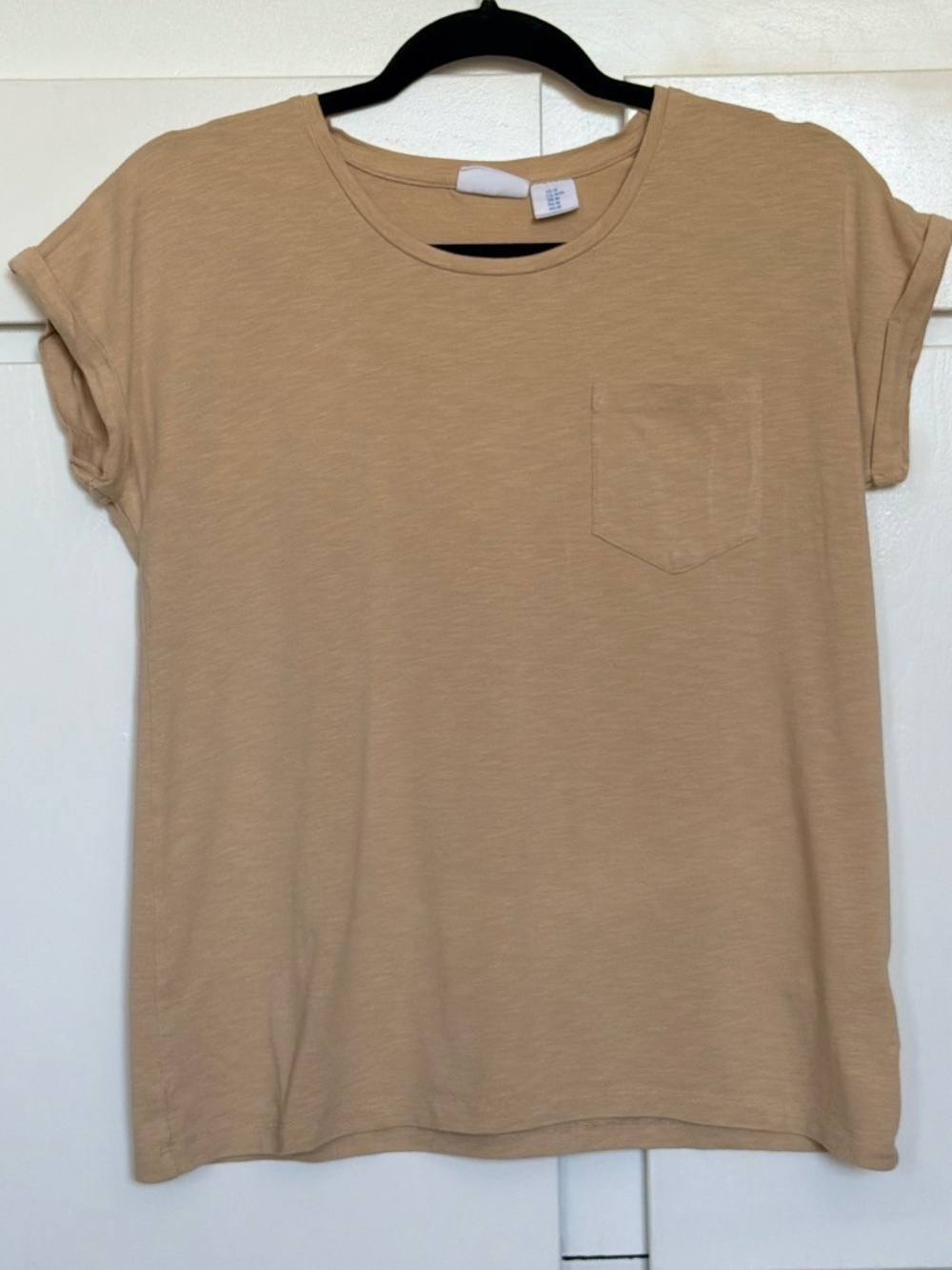 Tan Slub Knit Pocket Tee Rolled Sleeve Casual Top